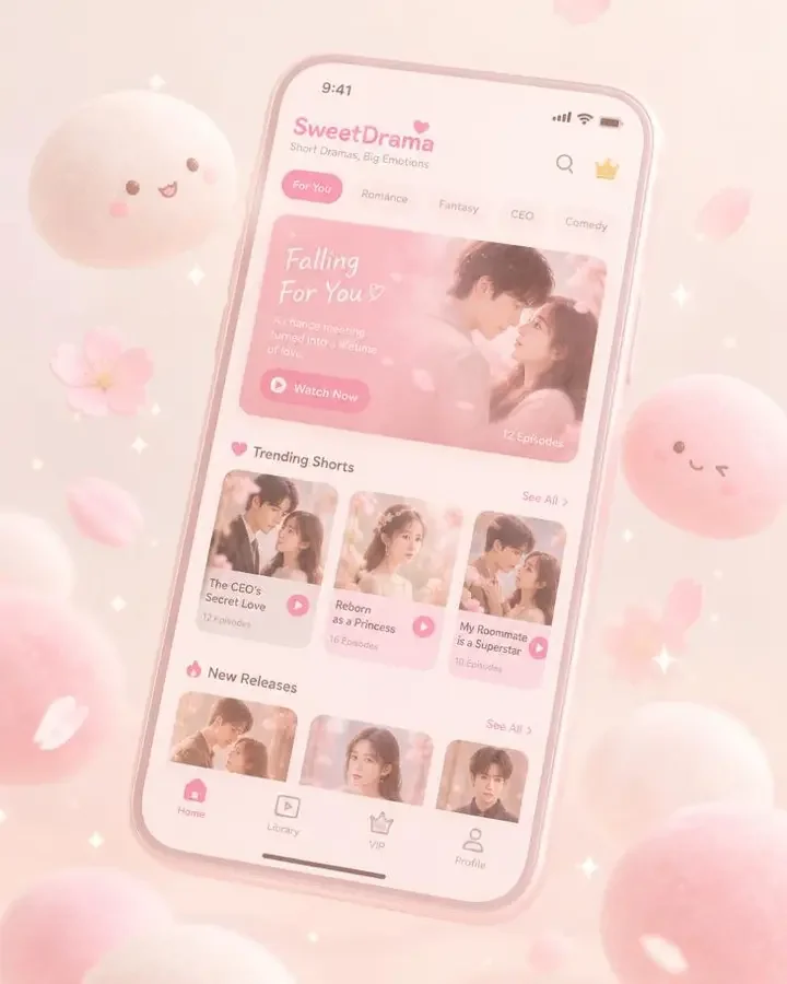 喜番短剧 APP - 首页界面 喜番短剧 APP 首页界面示意,展示粉色圆角卡片与播放按钮